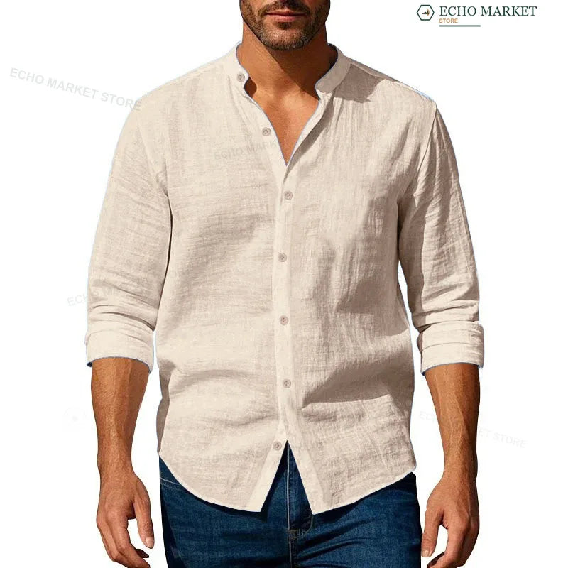 Lightweight Stand Casual Shirt, Men Long Sleeve Breathable Button Front Shirt for Daily & Holiday Wear