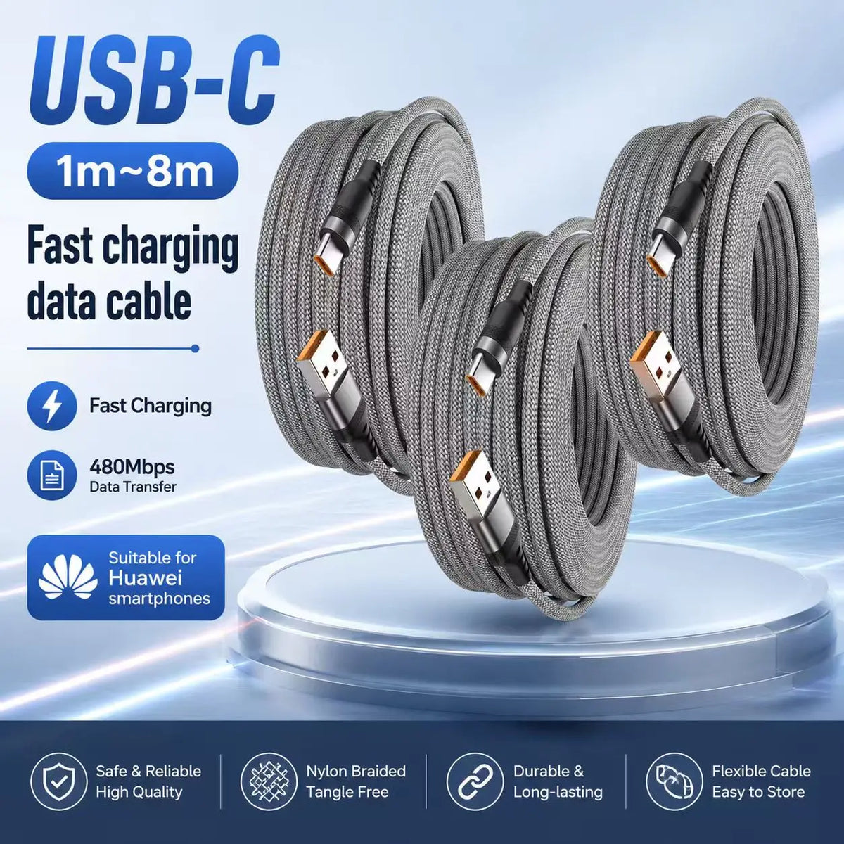 3Pcs 5A USB Type C Super Fast Charge PD Cable for iPhone 17/16 Huawei Samsung Xiaomi OnePlus Universal Full Range Extension Cord