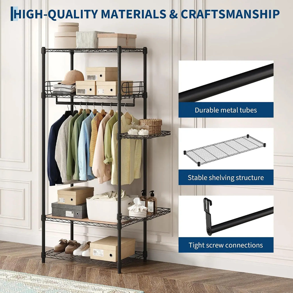 Perchero de metal resistente de 4 niveles con estantes ajustables y cestas laterales, organizador de armario con ruedas para vestidor, lavandería y dormitorio