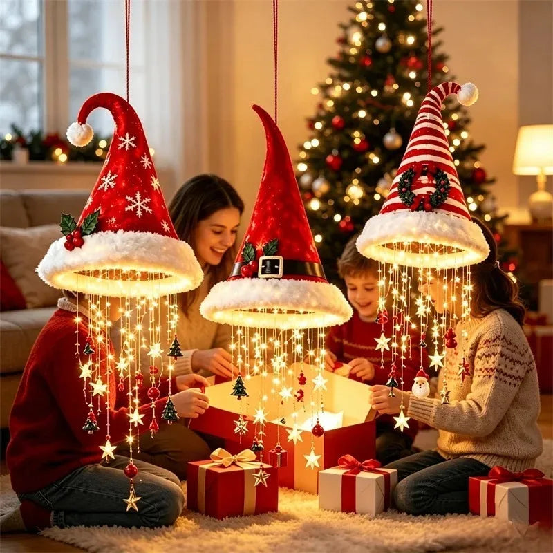 Weihnachtsmannmütze mit LED-Hängelicht, warm leuchtende Lichterkette für Kronleuchter, Weihnachtsdeko für Treppenhaus und festliche Partys, neu