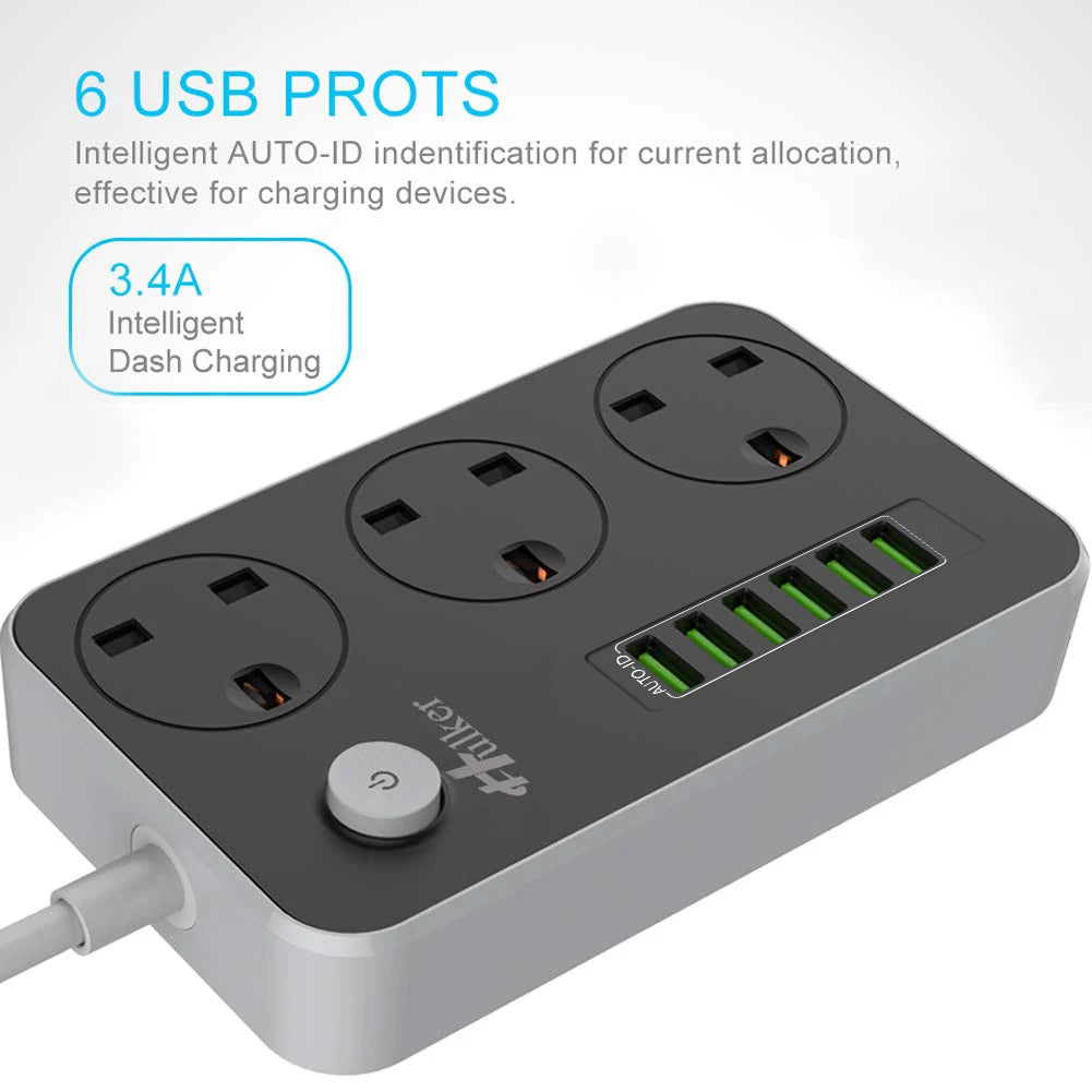 Regleta de enchufes tipo cubo con 6 puertos USB, 13A, 3250W, Hulker, 3 tomas de corriente con interruptor, regleta de alimentación de 3 vías con 6 puertos USB, 1,5 m