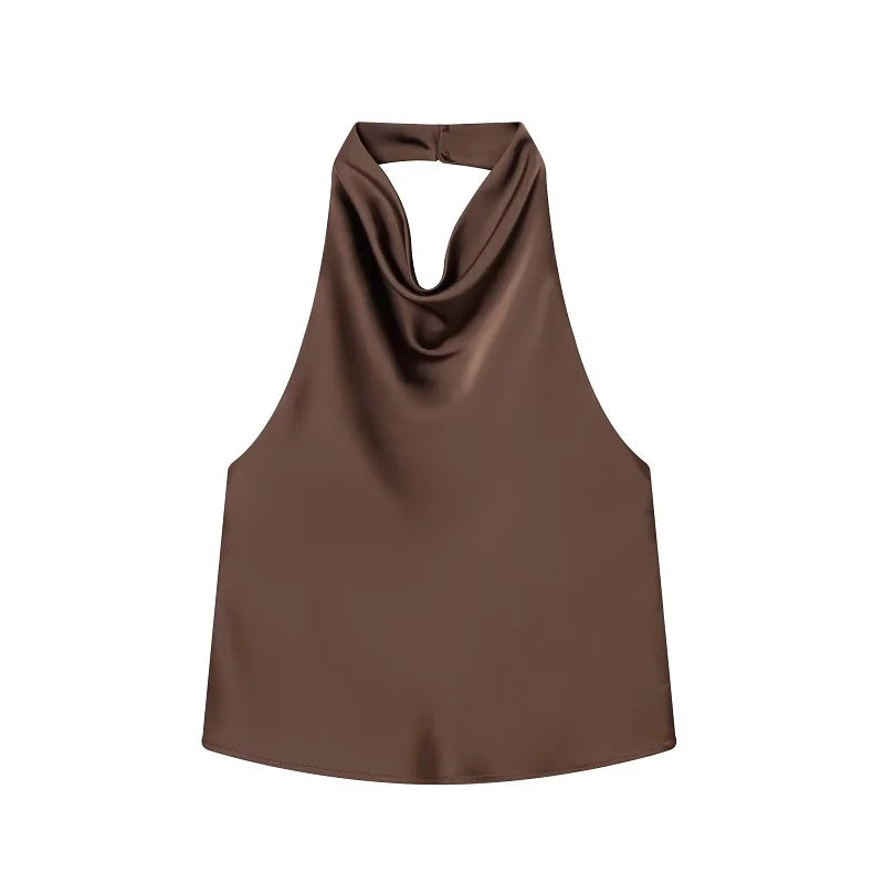 Top satinato da donna con scollo all'americana
