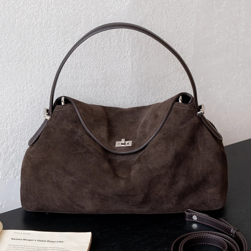 Women Genuine Suede Leather Hobo Bag Vintage Flap Underarm Shoulder Handbag Female Crossbody Large Capacity Commuter Purse Bags