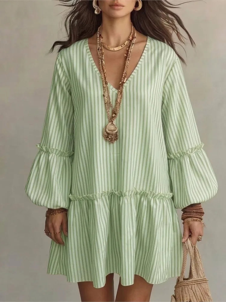 Abito mini a righe da donna con scollo a V