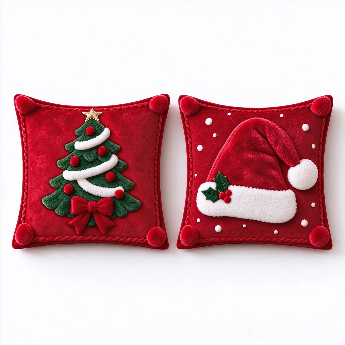 2D-bedruckter Weihnachtskissenbezug, Kissenhülle mit Weihnachtsmannmütze und Weihnachtsbaum, 45 x 45 cm, Polyester, Dekokissen für Sofa und Festtage