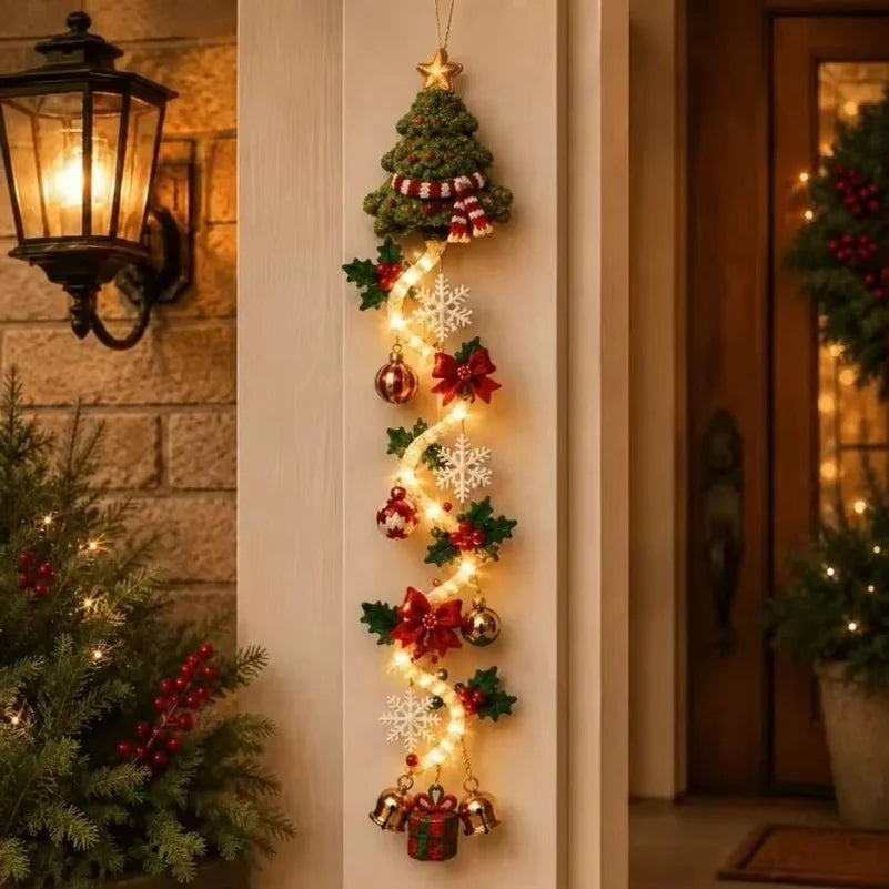 Christmas Door Hanger LED Glowing Handmade Crochet Santa Xmas Tree Bell Ornament Home Wall Front Door New Year Ornaments