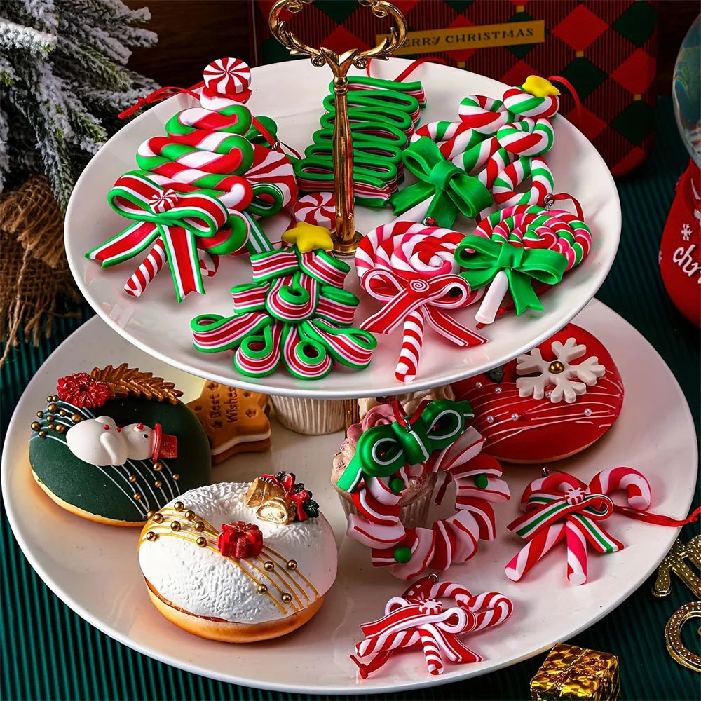 16/32Pcs Christmas Lollipop Ornaments 2D Colorful Wood Candy Cane Hanging Decoration Pendants for Xmas Tree