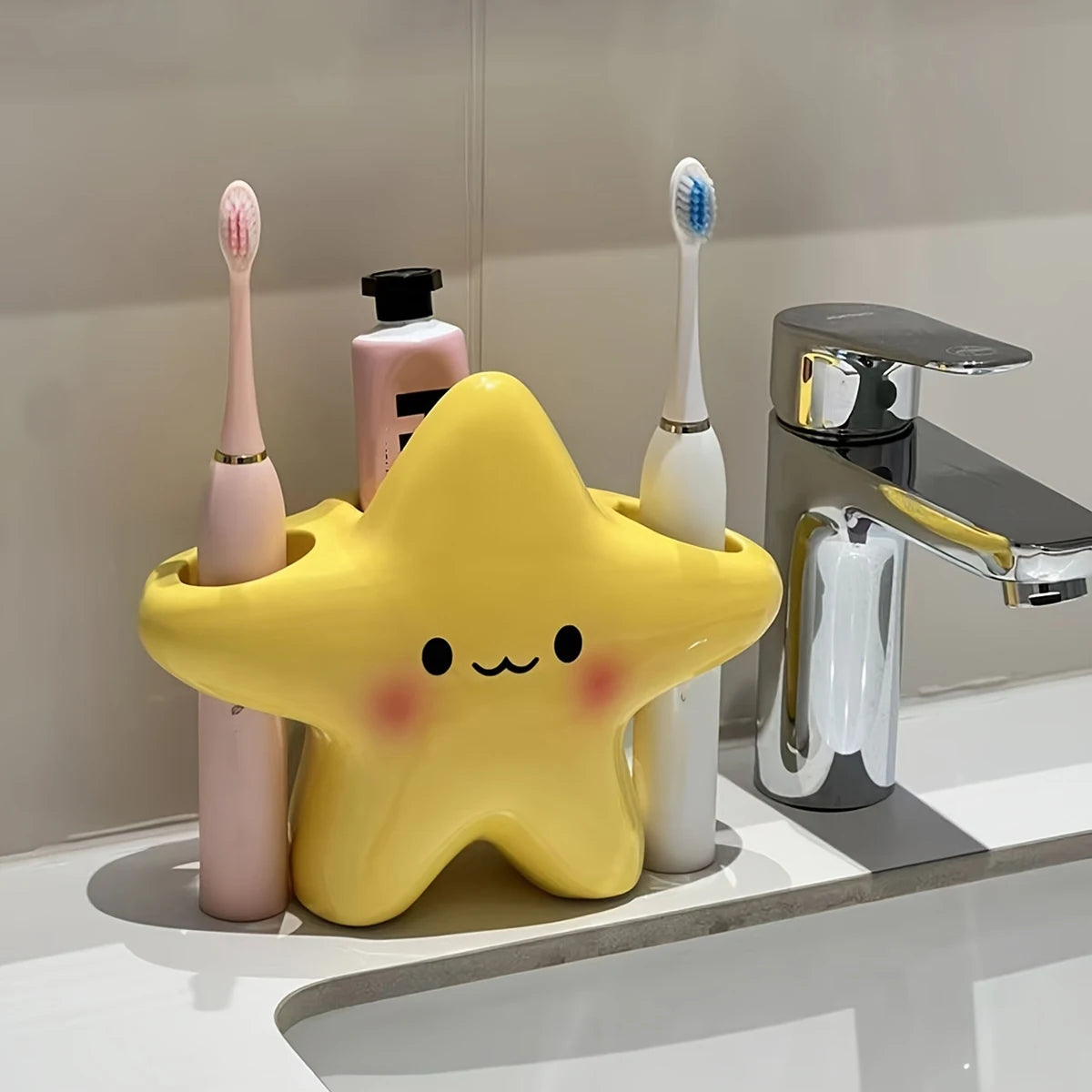 Portalápices de dientes en forma de estrella, organizador de baño independiente con diseño de cara bonita, ahorra espacio para cepillos y pasta de dientes