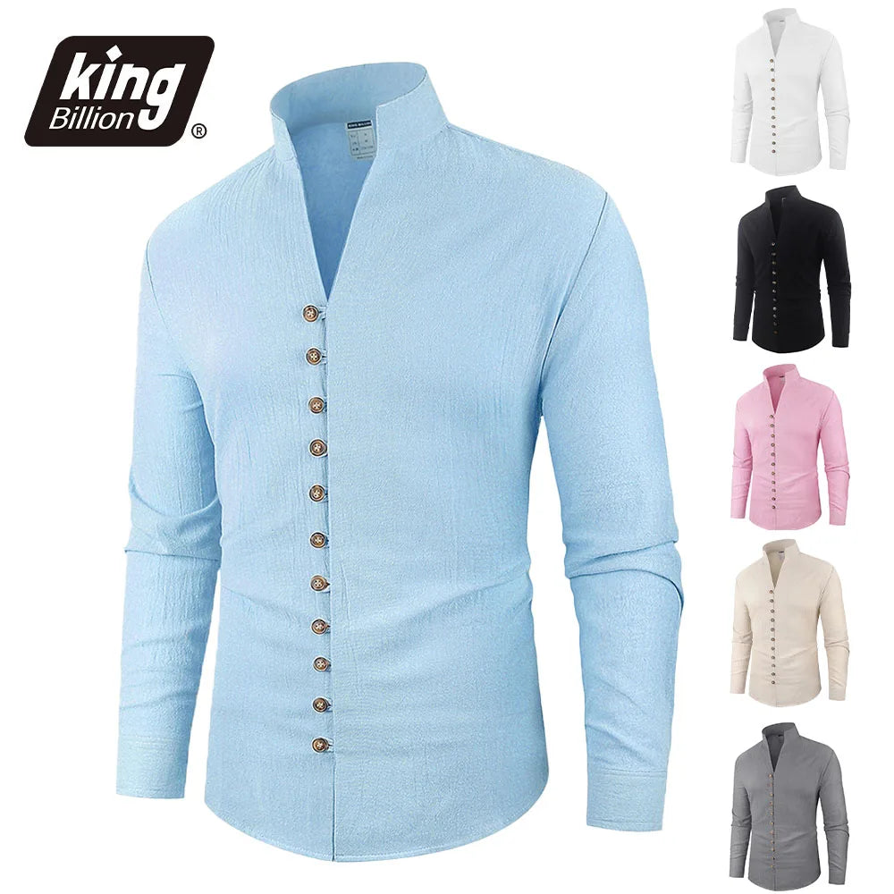 Spring Aututmn Men's Shirt Single Breasted Stylish Henley Neck Cotton Linen Casual Button Tops Simple Style Male Cozy Top
