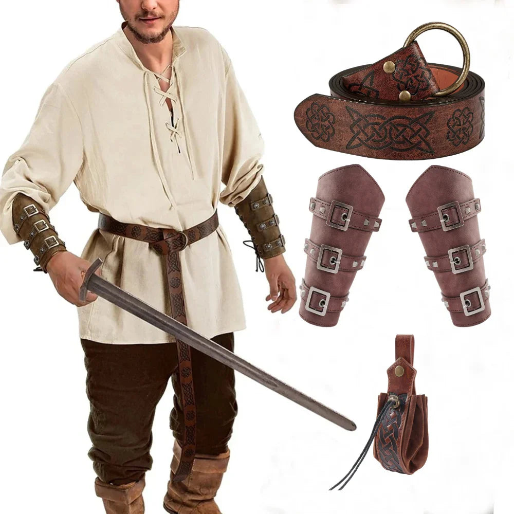 Ensemble de 5 pièces de costume de la Renaissance pour hommes, brassards médiévaux, ceinture Viking pour Halloween, pochette de ceinture en similicuir, accessoires de cosplay LARP