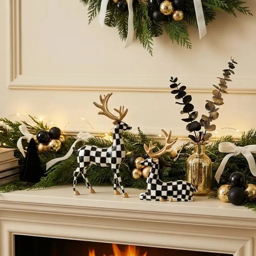 Black-and-White Checkered Deer Sculpture Christmas Home Decor, Fireplace or Living Room Table Ornament, Holiday Gift