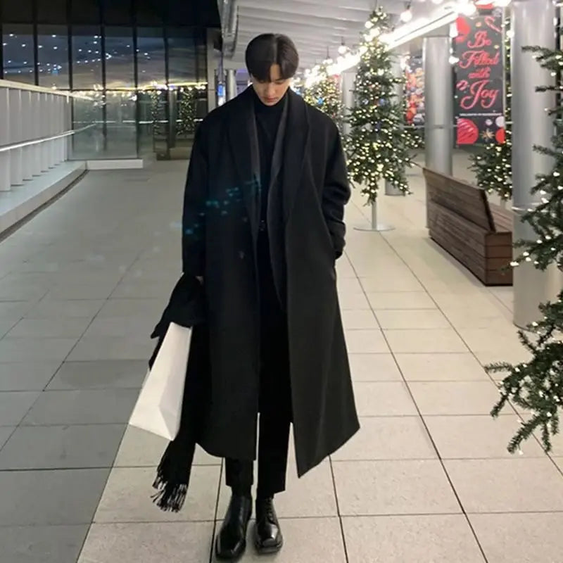 Men Oversized Lapel Long Wool Blend Coat,Loose Open Front Maxi Trench Overcoat,Streetwear Casual Solid Black Long Outerwear
