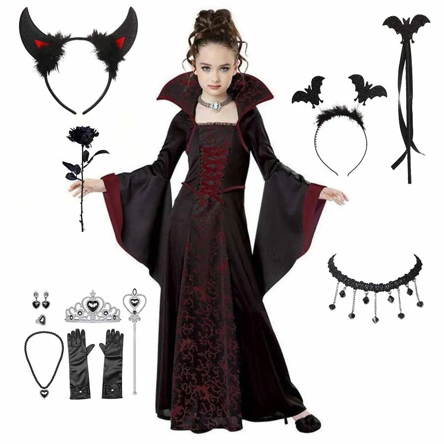Costume d’Halloween pour enfants, costume de vampire fantastique pour filles, robe longue en tulle, tenue de carnaval gothique à plumes