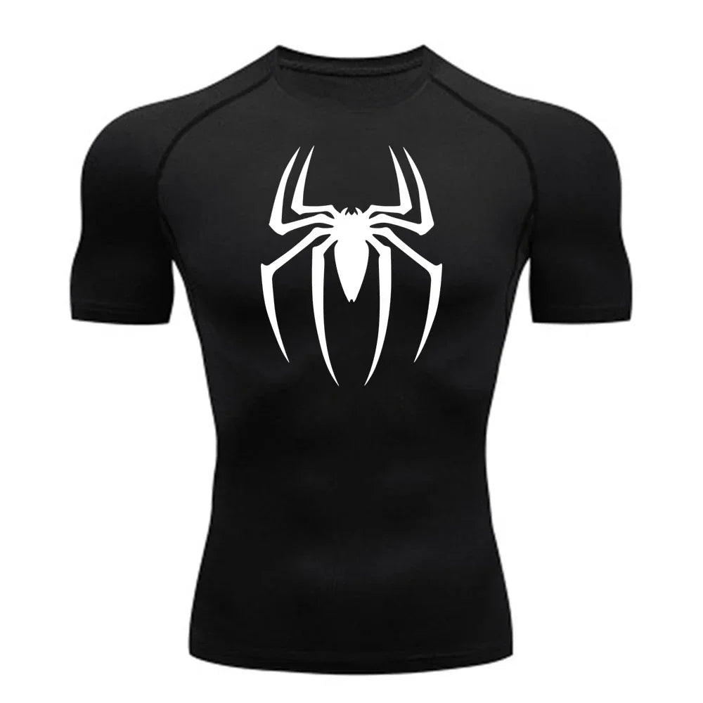 2023Men's Spider Print Compression Shirt, Quick Dry T-Shirt, Gym Running Jersey, Breathable Short Sleeve, Spring, Summer, S-3XL