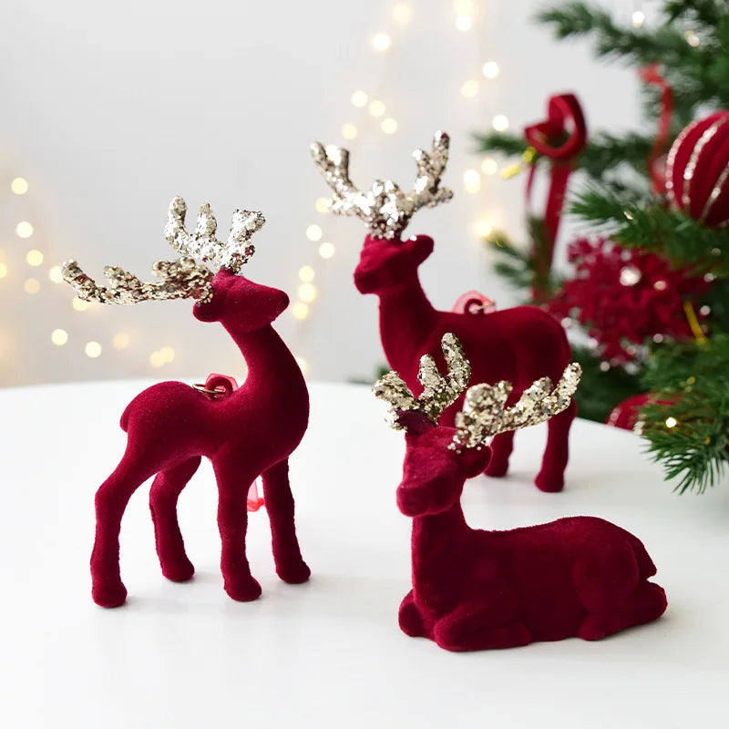 New Christmas elk glitter burgundy flocked deer ornament, Christmas tree pendant, Christmas home decoration handicraft