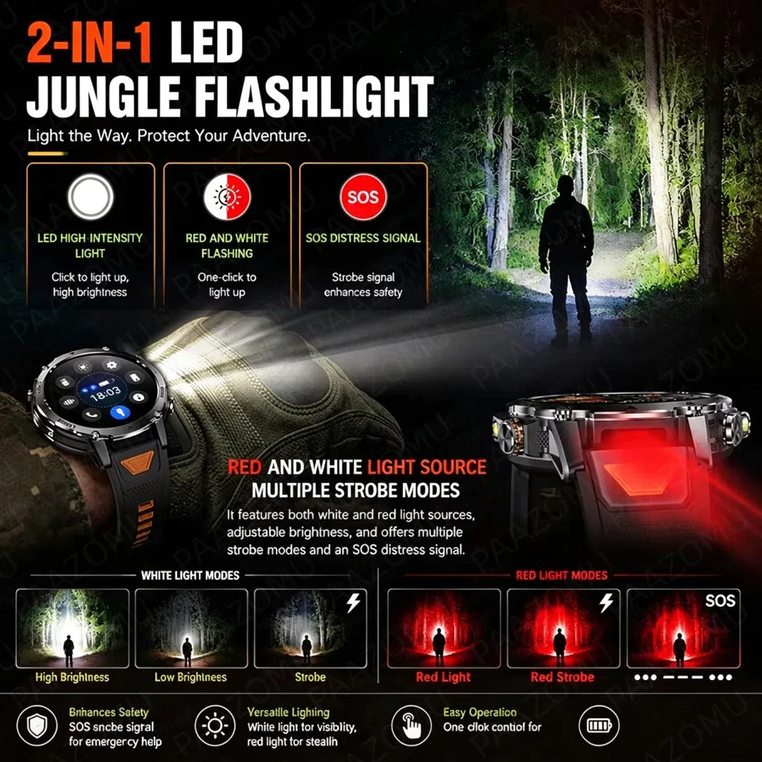 Outdoor AMOLED Smartwatch with Flashlight and Bluetooth Calling
