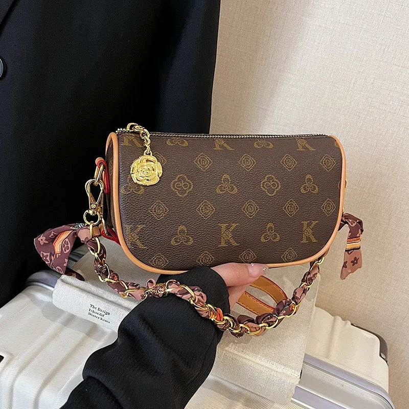 Women Fashion Floral Letter Print Shoulder Bag Retro Saddle Bag Luxury Brand Purse Elegant Messenger Tote Bag Adjustable Strap