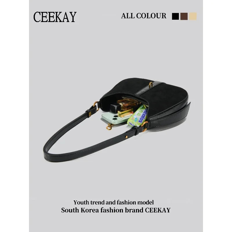 2026 New CEEKAY Suede Splice Hobo Bag, Crescent Shoulder Bag with Metal Hook Decor, Casual Underarm Bag for Women Handbags