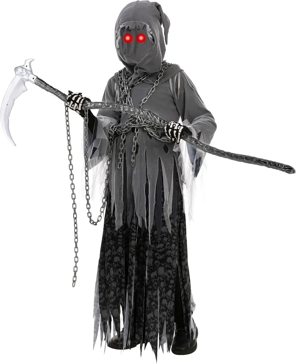 Sloosh Creations Child Unisex Grim Reaper Costume, Halloween Costume with Glowing Red Eyes for Kids Trick-or-Treating