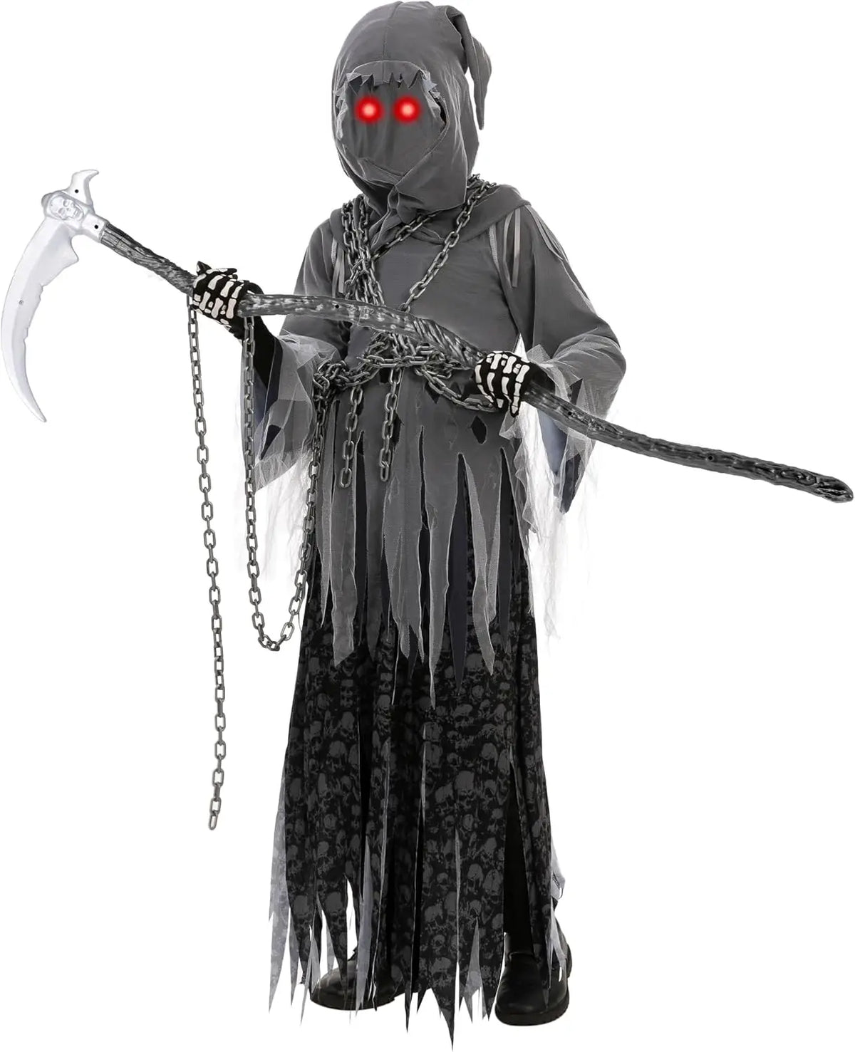 Sloosh Creations Child Unisex Grim Reaper Costume, Halloween Costume with Glowing Red Eyes for Kids Trick-or-Treating
