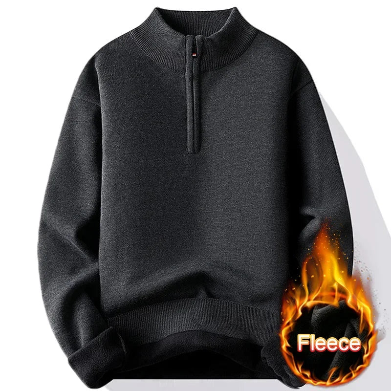 Autumn Winter Fleece Sweater for Men Solid Color Mock Neck Half Zipper Windproof Casual Classic Pullovers Slim Fit Knitwear