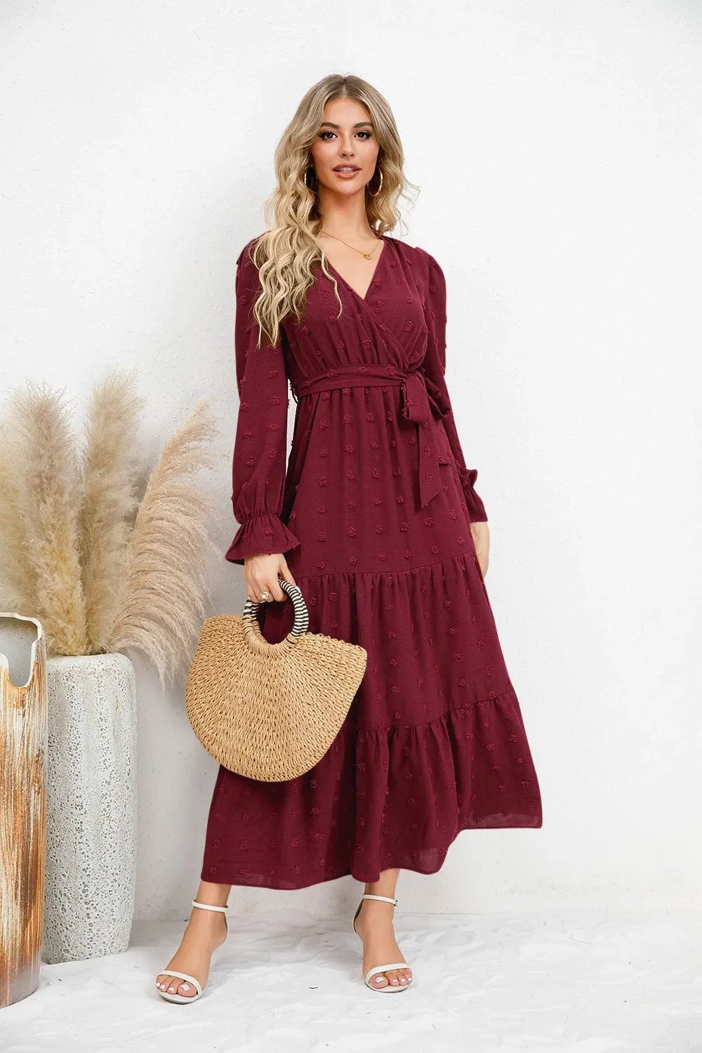 Abito lungo da donna con scollo a V e maniche lunghe