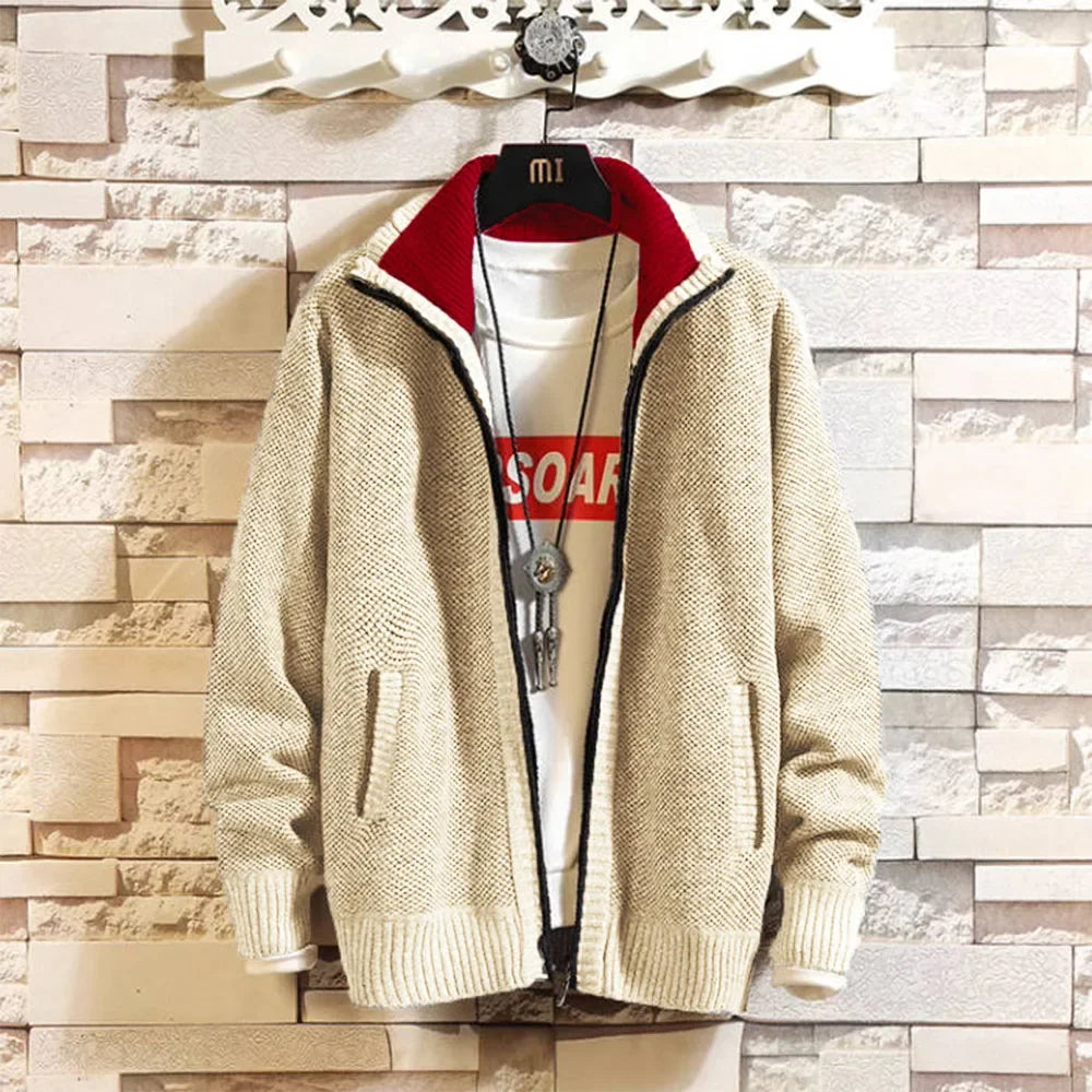 Autumn New Men's Trendy Cardigan Fleece Thicken Solid Casual Loose Sweater Men's Stand-up Collar Knitting Sweater Cardigans