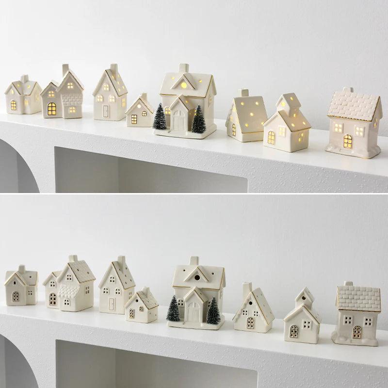 1pc Ceramic Light Up Snow House Christmas Ornament LED Cottage Xmas Tree Table Centerpiece Holiday Party Scene Decor Gift