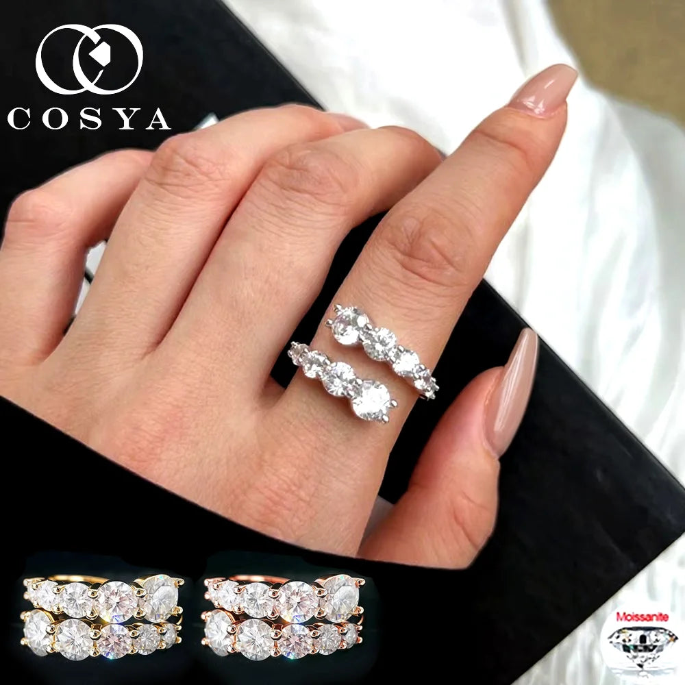 COSYA 3.26cttw Full Moissanite Ring For Women S925 Silver Plated 18K 10 Gem Gradiant Diamond Adjustable Open Band Fine Jewelry