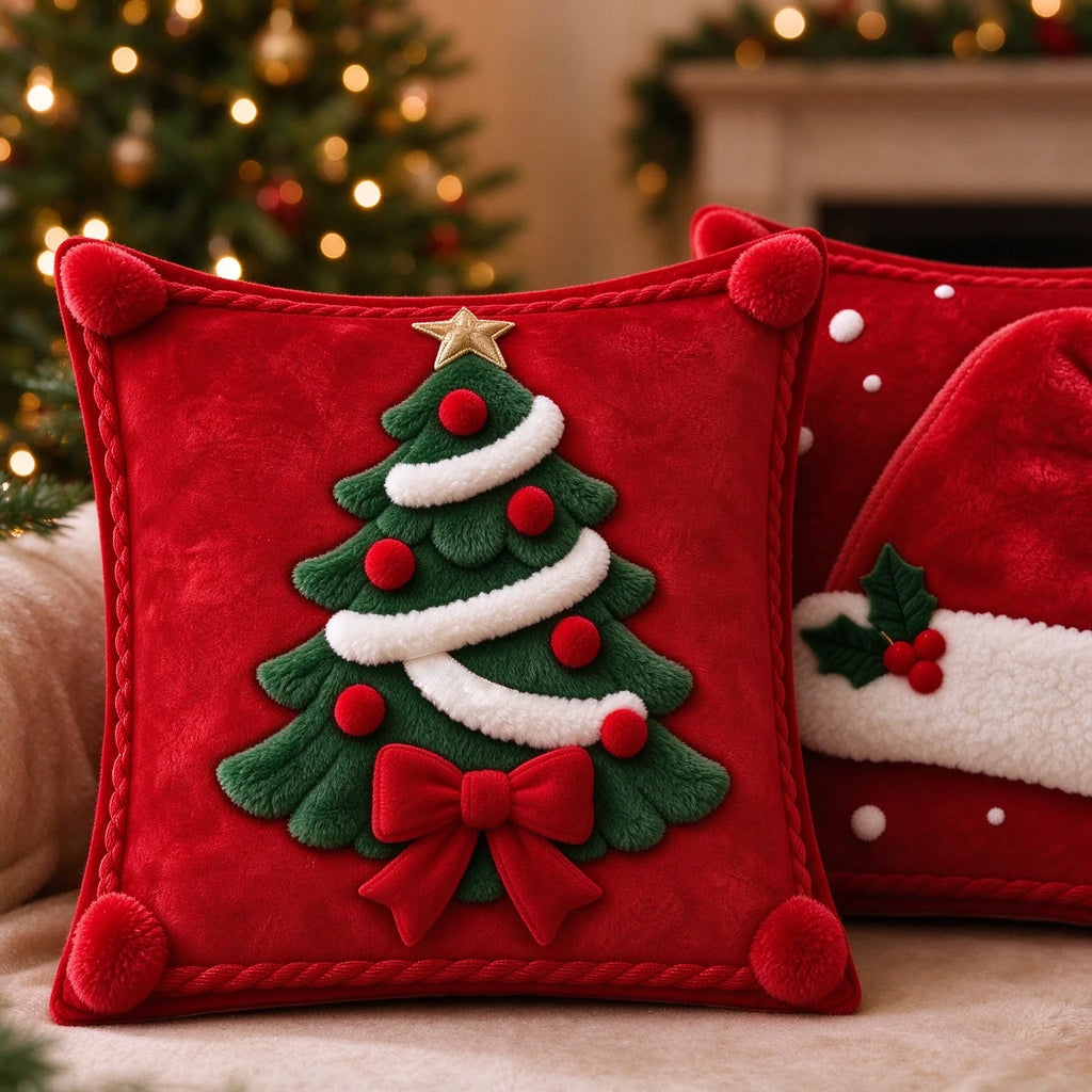 2D-bedruckter Weihnachtskissenbezug, Kissenhülle mit Weihnachtsmannmütze und Weihnachtsbaum, 45 x 45 cm, Polyester, Dekokissen für Sofa und Festtage