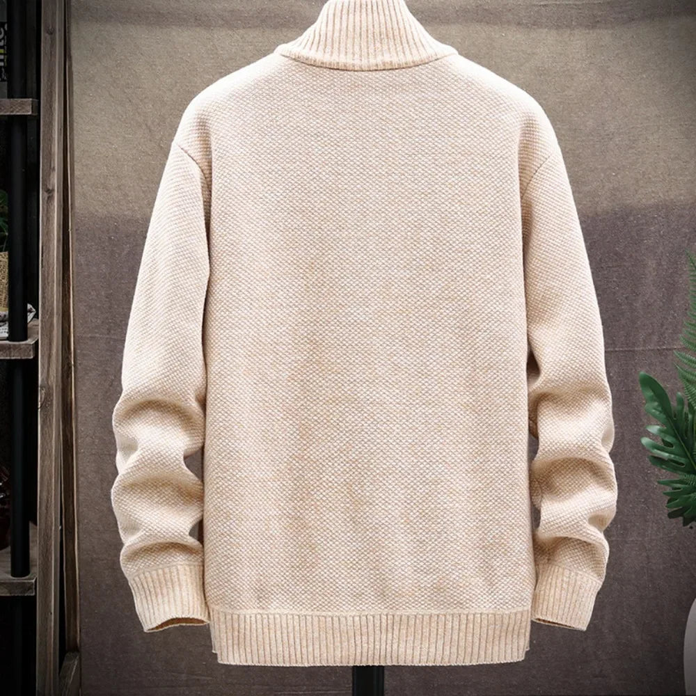 Men Solid Color Knitted Sweater Cardigan Autumn New Long-sleeved Zipper Jacket Warm Fleece Stand Collar Cardigans Basic Jacket