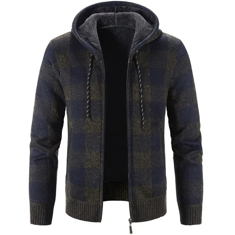 Men's Autumn Winter New Hooded Plaid Printed Long Sleeve Sweater Casual Zipper Cardigan Coat Plush Large FleeceThick Coat