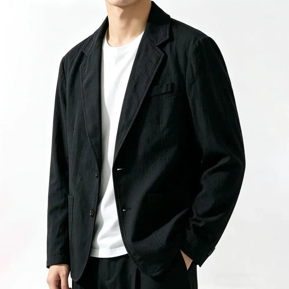 Men's Cotton Linen-like Blazer Jacket Notch Lapel 2‑Button Lightweight Casual Suit Coat Solid Color Male Fashion Outerwear