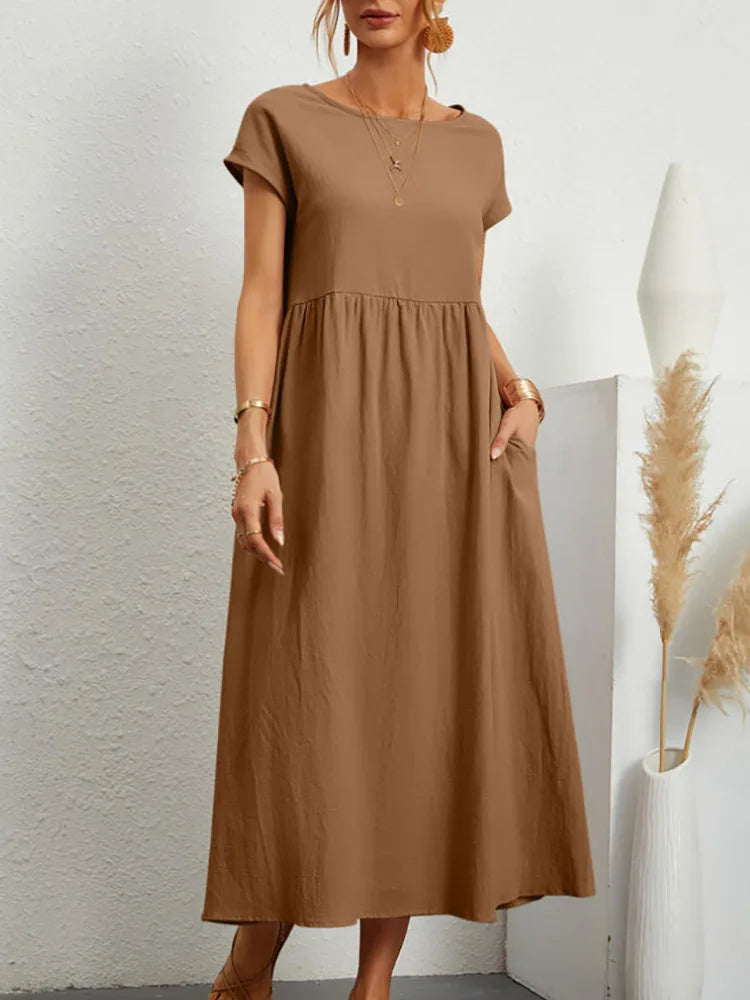 Abito midi da donna in cotone con scollo rotondo e linea morbida