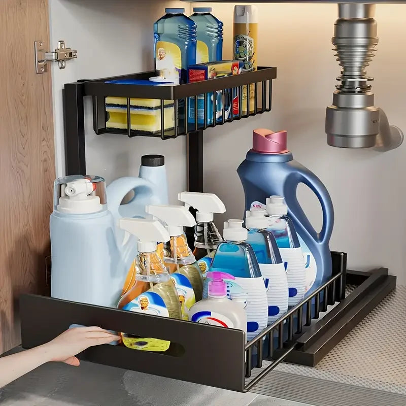 Organiseur sous évier, organiseur de placard coulissant à 2 niveaux, étagères de rangement coulissantes pour placard sous évier, rangement sous évier