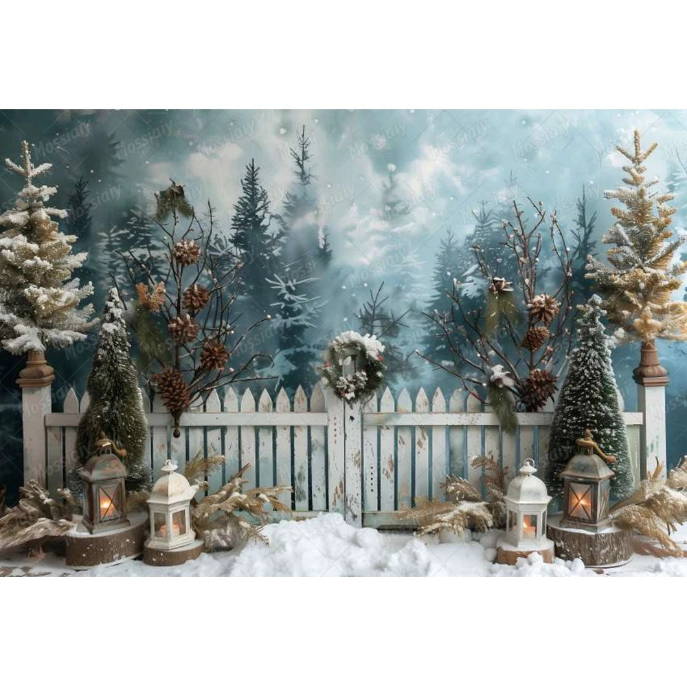 Christmas Party Decor Photography Background Custom Pine Fence Garland Xmas Tree Children Adult Family Portrait Backdrop Props