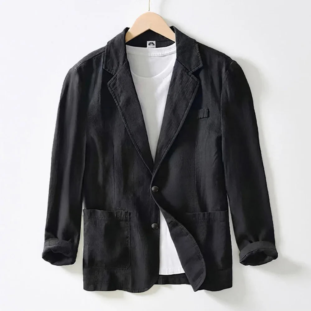 Men's Cotton Linen-like Blazer Jacket Notch Lapel 2‑Button Lightweight Casual Suit Coat Solid Color Male Fashion Outerwear