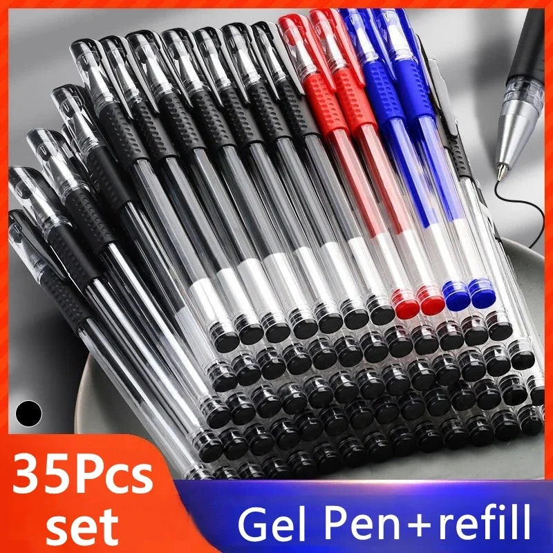 Set de 7/35 bolígrafos de gel, material escolar, tinta negra, azul y roja, bolígrafo kawaii, herramienta de escritura, papelería escolar y de oficina