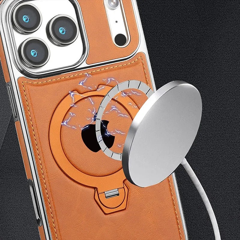 Luxury Leather Phone Case For Apple iPhone 12 13 14 15 16 17 18 Pro Max Plus Wireless Charging Magnetic Ring Kickstand Cover