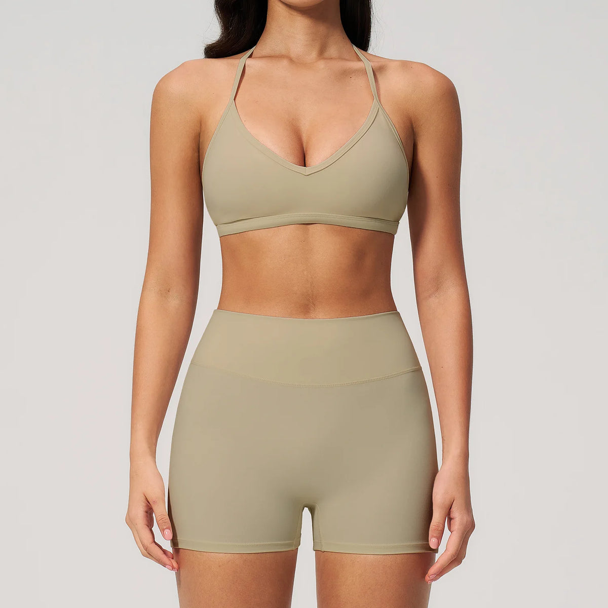 2-teiliges Yoga-Set für Damen, Trainingsanzug mit rückenfreiem Neckholder-Top und High-Waist-Shorts, Fitness-Sportbekleidung für das Training