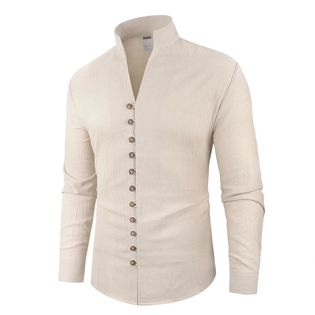 Spring Aututmn Men's Shirt Single Breasted Stylish Henley Neck Cotton Linen Casual Button Tops Simple Style Male Cozy Top