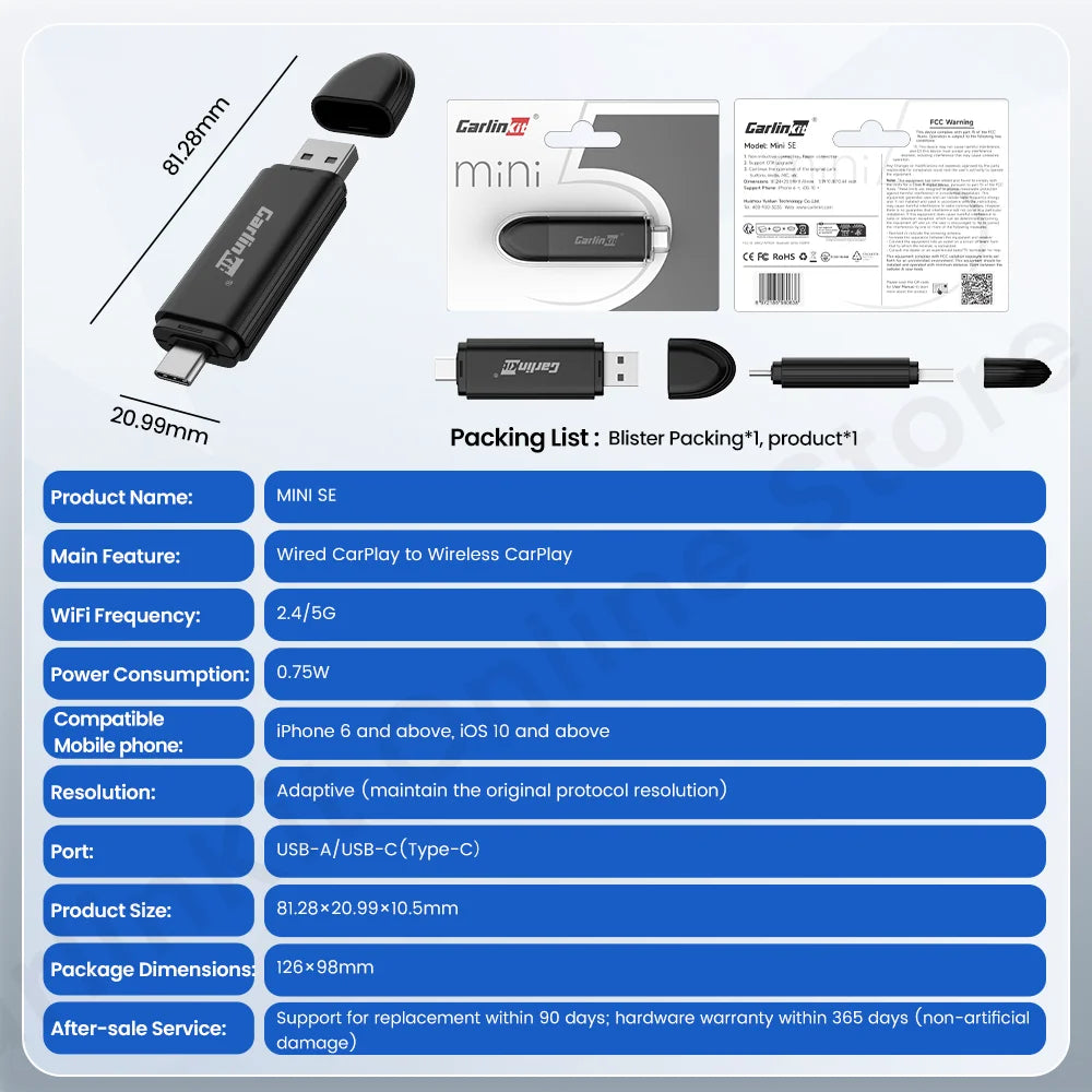 Carlinkit Mini SE Kabelgebundener auf kabellosen CarPlay-Adapter, nahtlose Verbindung für kabelgebundenes CarPlay, Bluetooth & WLAN, Upgrade für das Auto-Infotainment