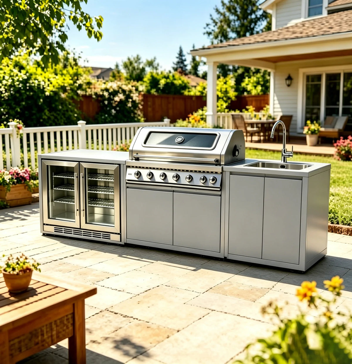 Full Kitchens ofrece cocinas de exterior completas, conjuntos de armarios duraderos con islas y carritos de cocina, conjunto de cocina para guisos.