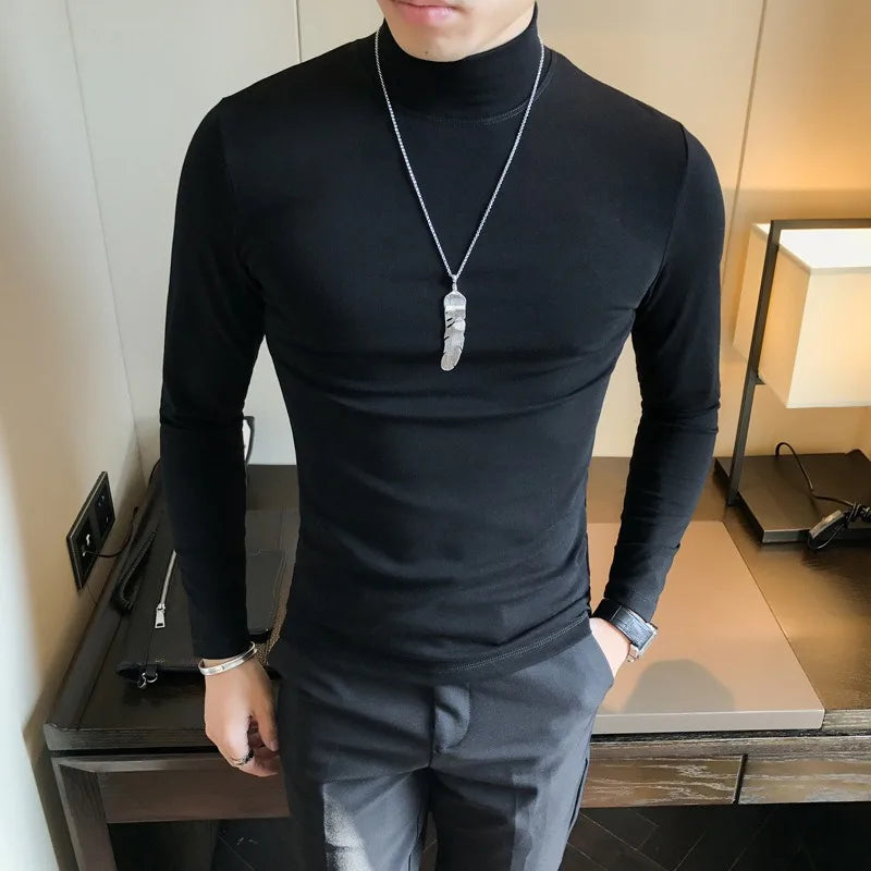 Spring New Men's Turtleneck T-shirt Long Sleeve Slim Fit Solid Color High Elastic Bottoming Pullovers Basic Style Male Tops