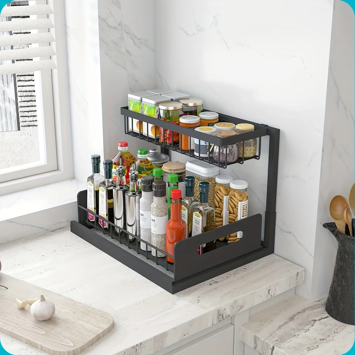Organiseur sous évier, organiseur de placard coulissant à 2 niveaux, étagères de rangement coulissantes pour placard sous évier, rangement sous évier