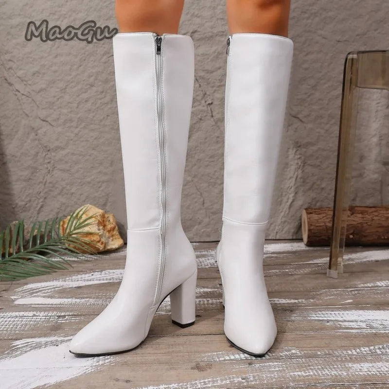 Point Toe High Heel Modern Boots Women's White Leather Size36-43 Chunky Heeled Knee-High Dress Shoes Side Zip Botas Largas Mujer