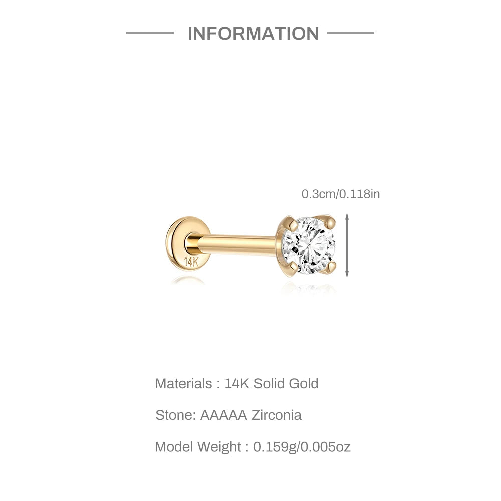 AIDE Real 14K Solid Gold Multiple Sizes Zircon Pendant Stud Earring Simple IND Piercing Ear Bone Ear Studs DIY Vintage Jewelry