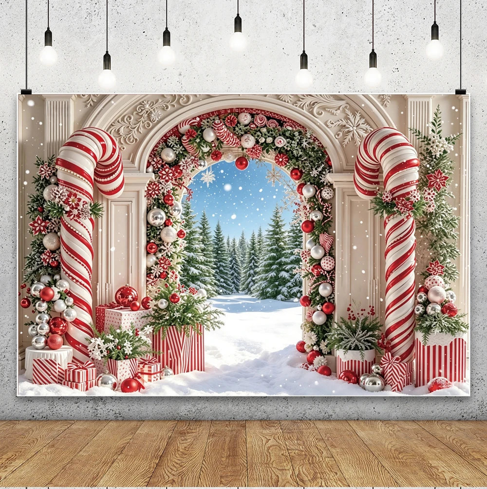 Candy Cane Arch Christmas Backdrop Snowy Forest Path Gift Boxes For Christmas Party Photo Booth Decoration Background Banner