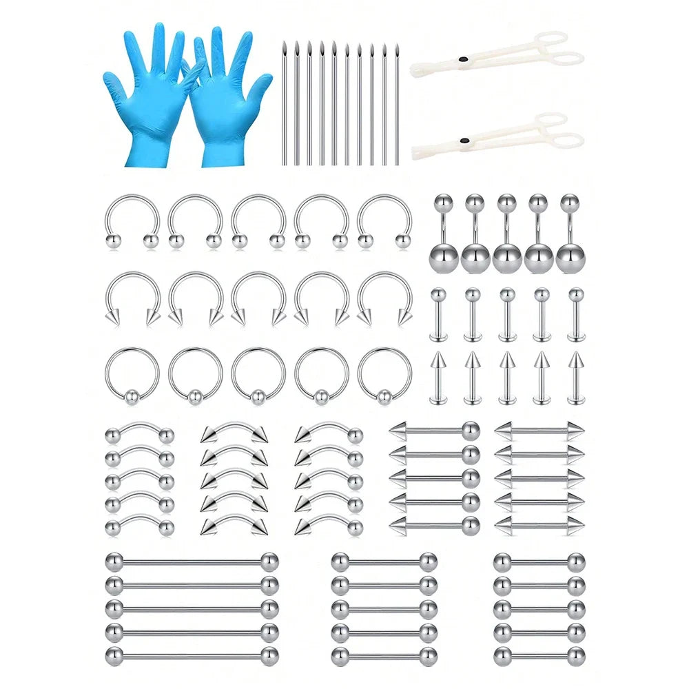 Edelstahl-Piercing-Set 14G/16G Bauchnabelpiercing-Set Septumpiercing-Set Lippen-Zungen-Nippel-Ohrpiercing-Set