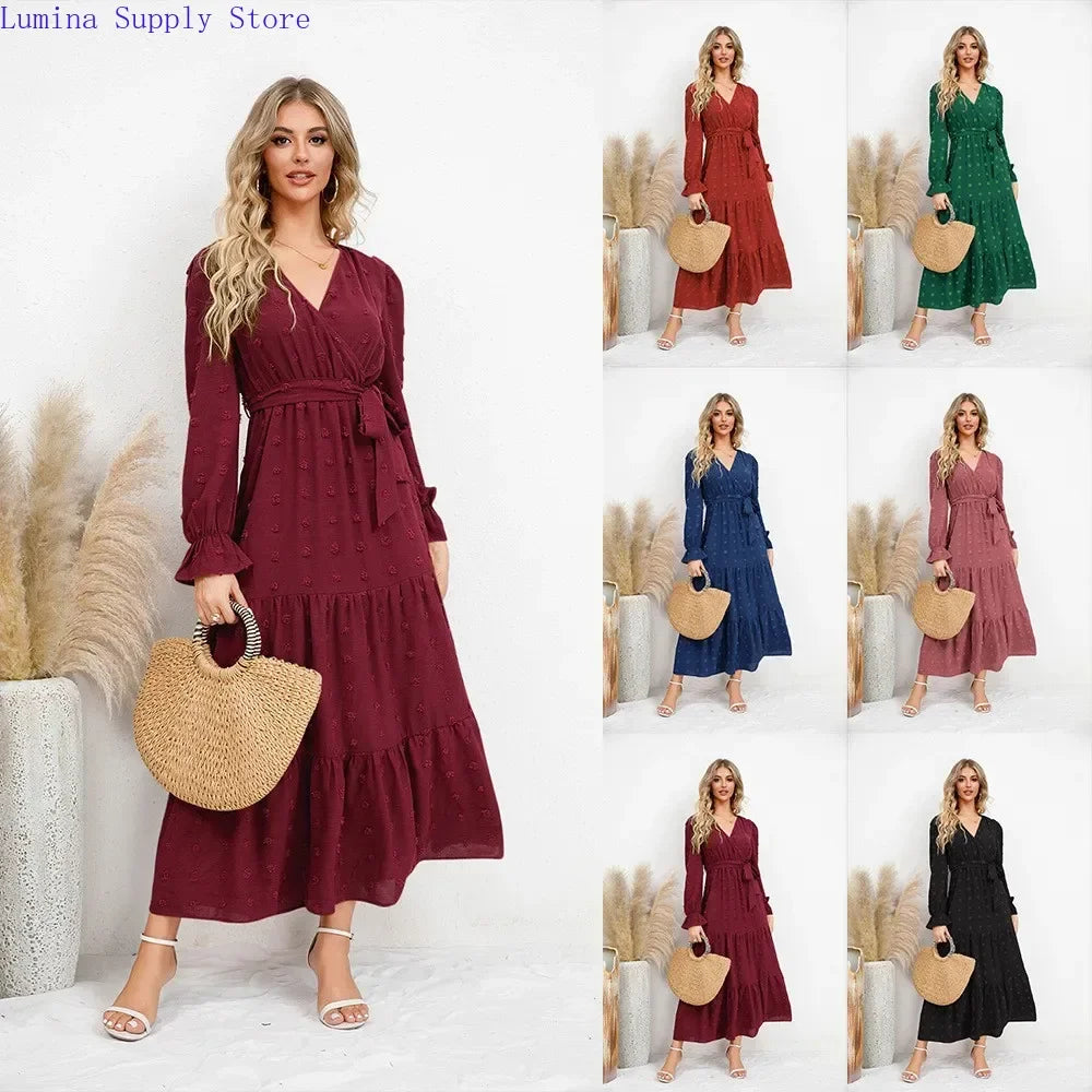 Abito lungo da donna con scollo a V e maniche lunghe